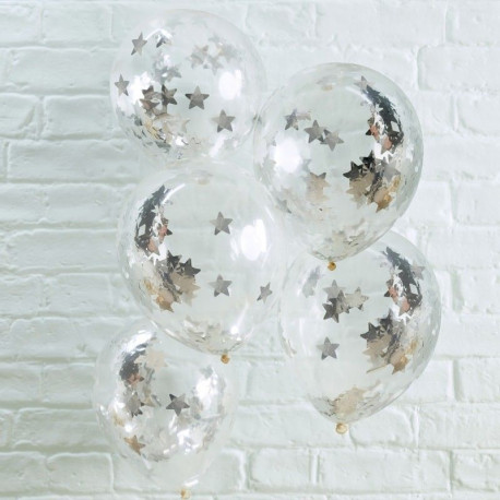 Les 5 ballons confettis étoile argent Les 5 ballons confettis étoile argent